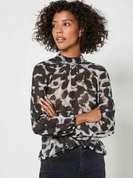 Mint Velvet Alexa Animal Print High Neck Top - Grey