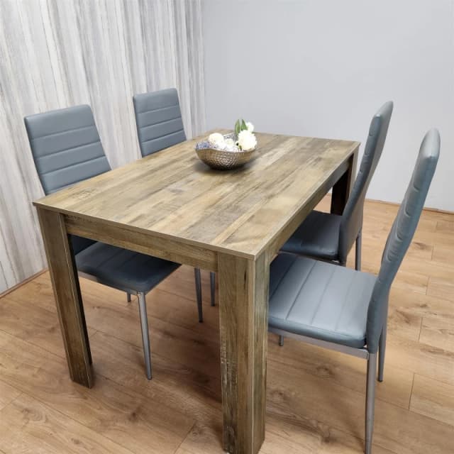 KOSY KOALA KOSY KOALA Dining Table and 4 Chairs Rustic Effect Wood Table 4 Grey Leather Chairs Dining Room in Brown Size: 140cm x 80cm Brown 140cm x
