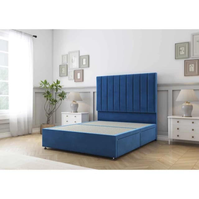Sloomy Kansas Navy Plush Divan Bed Base 2 Drawers Same Side With 26" Strutted Headboard 4' Small Double
