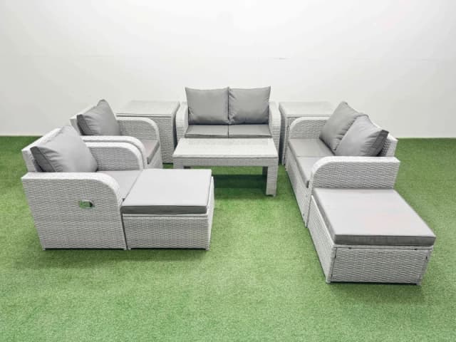Fimous 8 Seater Outdoor Reclining Chair Love Sofa Set Rattan Garden Furniture Set with Oblong Coffee Table 2 Big FootStools 2 Side Table Light Grey L