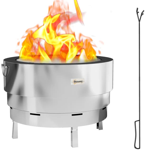 Outsunny Round Fire Pit with Grill Net, Stainless Steel Firepit, Silver 842-384V00SR