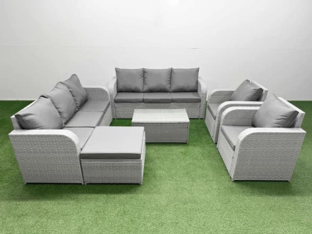 Fimous PE Rattan High Back Lounge Sofa Set Patio Coffee Table & Chairs Set with 3 Seater Sofa Reclining Chair Big Footstool Light Grey Light Grey