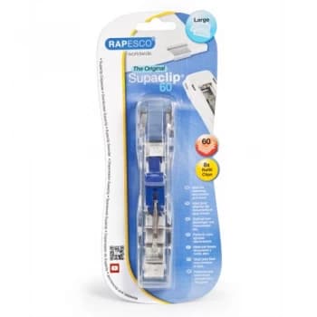 Rapesco Supaclip 60 Dispenser with 8 Clips Stainless Steel for 60 Sheets of 80gsm per Clip
