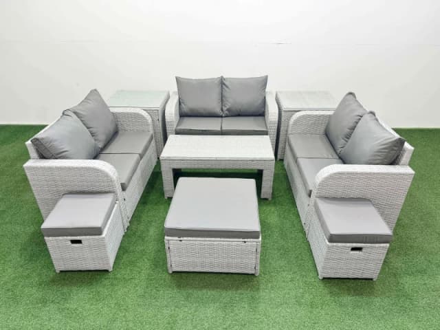 Fimous 9 Seater PE Wicker Rattan Furniture Sofa Sets with Oblong Coffee Table 2 Seater Love Sofa 3 Stool 2 Side Table Light Grey Light Grey