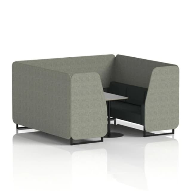 Brixworth 6 Seater Office Booth with Front Panel - Black Legs and Grey Table with Black Leg in Rivet Fabric - Vitreous Panels and Charcoal Sofa