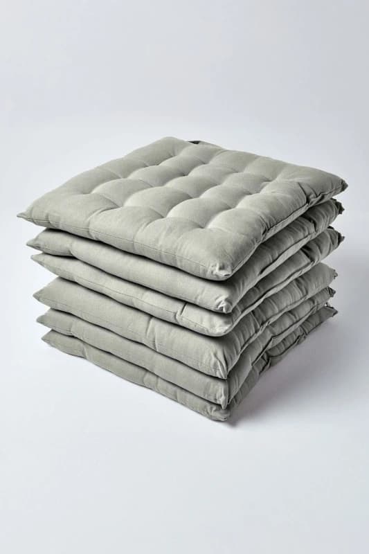 Homescapes Plain Seat Pad with Button Straps, 40 x 40cm, Set of 6 Grey