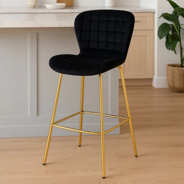 Premier Housewares Black Velvet Stool, Luxury Bar Stool, Modern Black Velvet Bar Chair with Quilted Design and Gold Legs Black