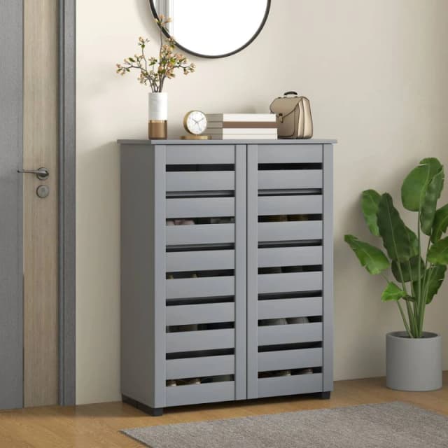 HOMCOM Shoe Storage Cabinet with Slatted Doors for 15 Pairs of Shoes in Dark Grey Dark Grey Unisex