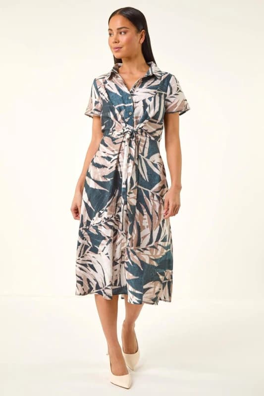 Roman Womens Petite Leaf Print Tie Midi Dress Size: 18 Multicolor Female 18