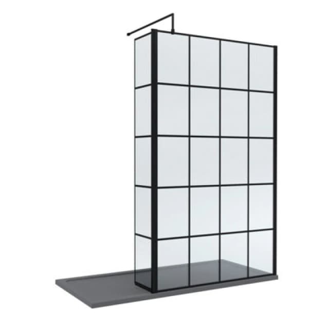 Balterley 8mm Glass Wetroom Screen, Return Black Framed and Tray 1700 x 800mm Grey
