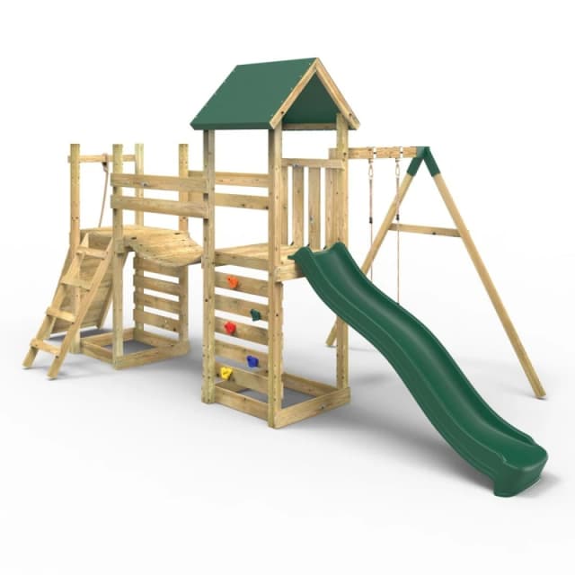 OutdoorToys Double Garden Tower Climbing Frame with Flexible Bridge, Swing & Slide for Kids - Rushmore in Beige Beige Unisex