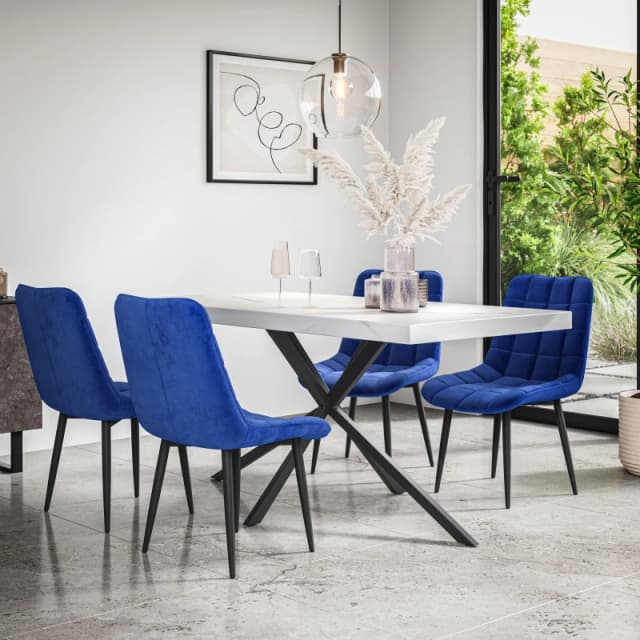More4Homes Donni Dining Table And Chairs - White Marble Effect Table Top W Black Legs + Nova Velvet Dining Chair Set Of 4 (Blue)