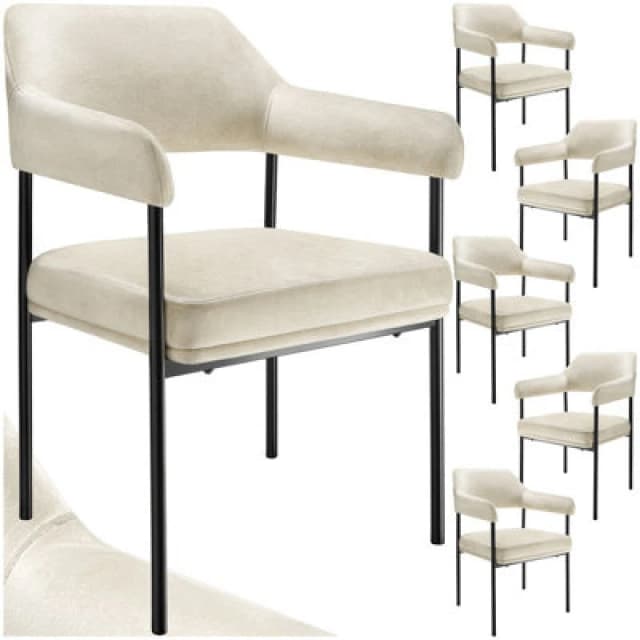 Tectake Set Of 6 Armchair Doe - Durable Fabric, Black Powder-Coated Legs, 120 Kg Load, 58 X 62 X 85cm - Velvet Look Off-White