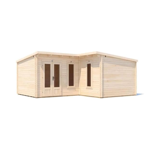 Dunster House L-Shaped Log Cabin Pent Roof 24mm Double Glazed Windows W6M X D5M / W19' X D16'6" Hellwolf