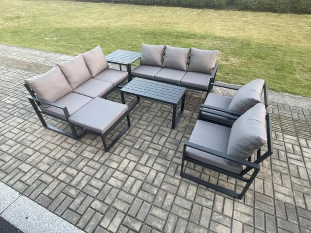 Fimous Aluminium Outdoor Garden Furniture Set 9 Seater Garden Sofa with Oblong Coffee Table Big Footstool Side Table Dark Grey Dark Grey Unisex