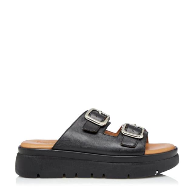 Dune Black Leather Kable' Mid Wedge Heel Ankle Strap Sandals - 3