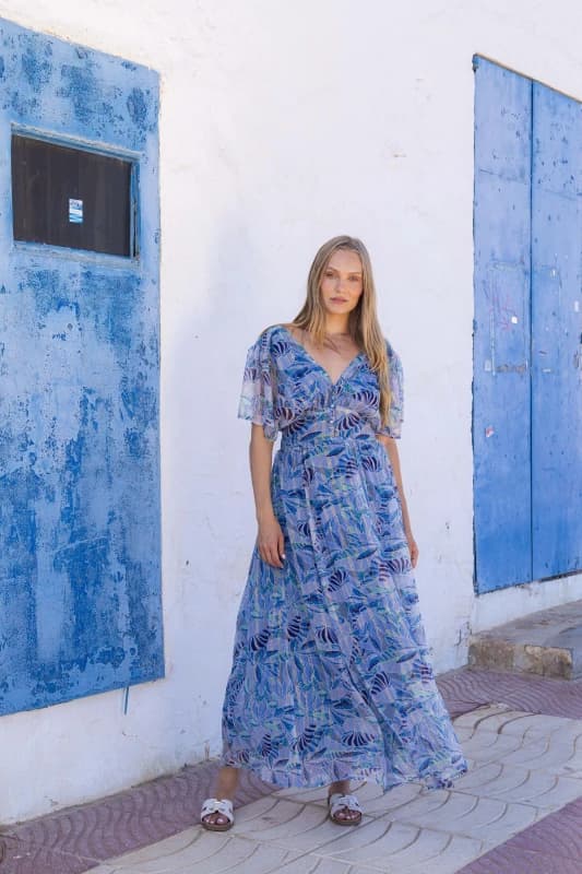 South Beach Womens Printed Metallic Chiffon Button Detail Maxi Dress in Blue Size: 10 Blue Female 10