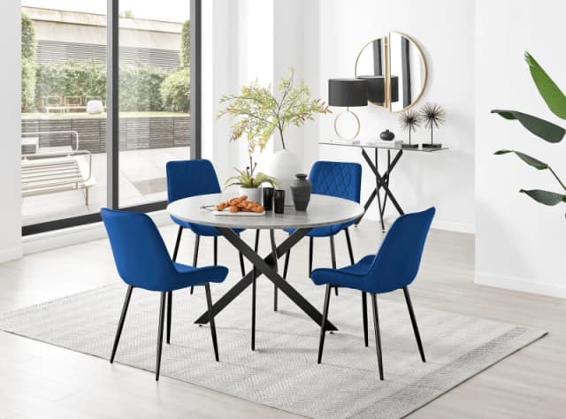 FurnitureboxUK FurnitureboxUK Novara Grey Concrete Effect Black Leg 120cm Round Dining Table & 4 Pesaro Black Leg Chairs in Navy Navy One Size Unisex