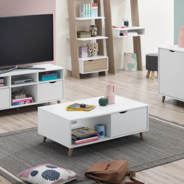 Timber Art Design Pulford Scandi Coffee Table 2 Drawers White Living Room Storage Furniture