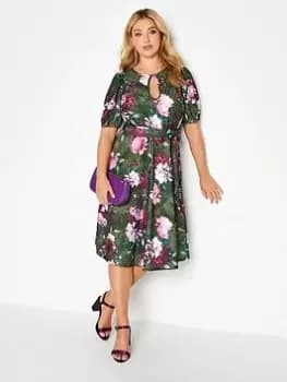 Yours Animal Floral Keyhole Skater Dress, Green, Size 16, Women