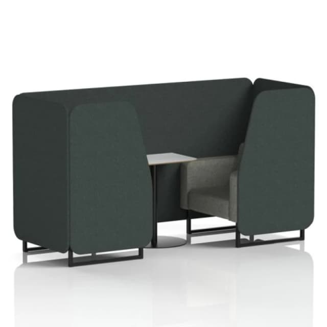 Brixworth 2 Seater Office Booth with Front Panel - Black Legs and White Table with Black Leg in Rivet Fabric - Charcoal Panels and Vitreous Sofa