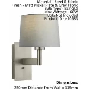 Loops - Wall Light & Shade Matt Nickel & Grey Fabric 60W E27 usb Socket e10683