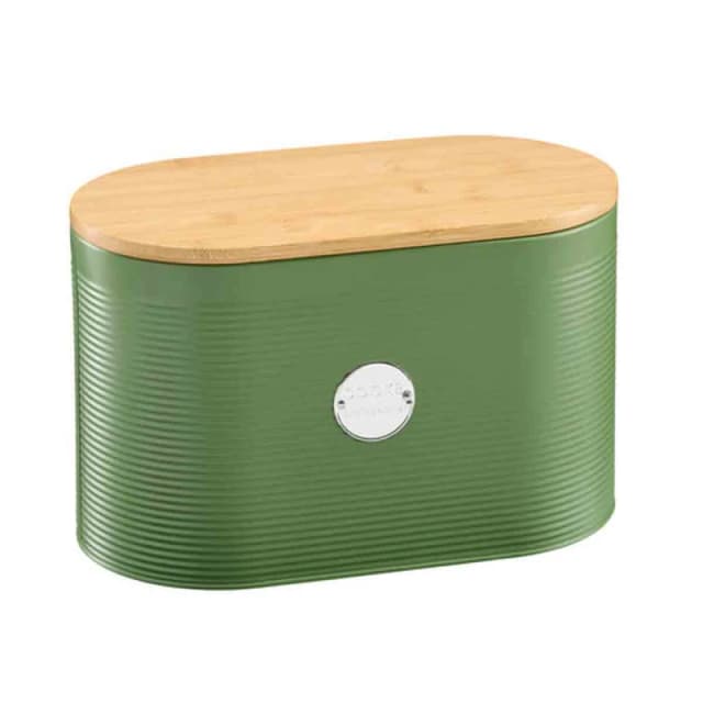 Cooks Professional Ribbed Bread Bin With Linen Bag & 2-In-1 Bamboo Cutting Board Lid - Green & Silver