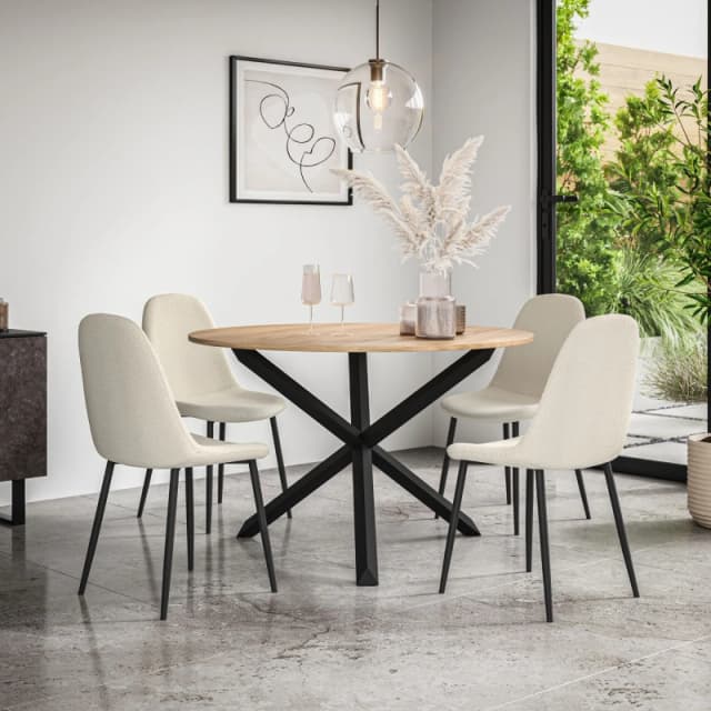 More4Homes Malvern Round Dining Table And Chairs - Oak Table Top W Solid Oak Black Legs + Maya Boucle Dining Chair Set Of 4 (Ivory White)