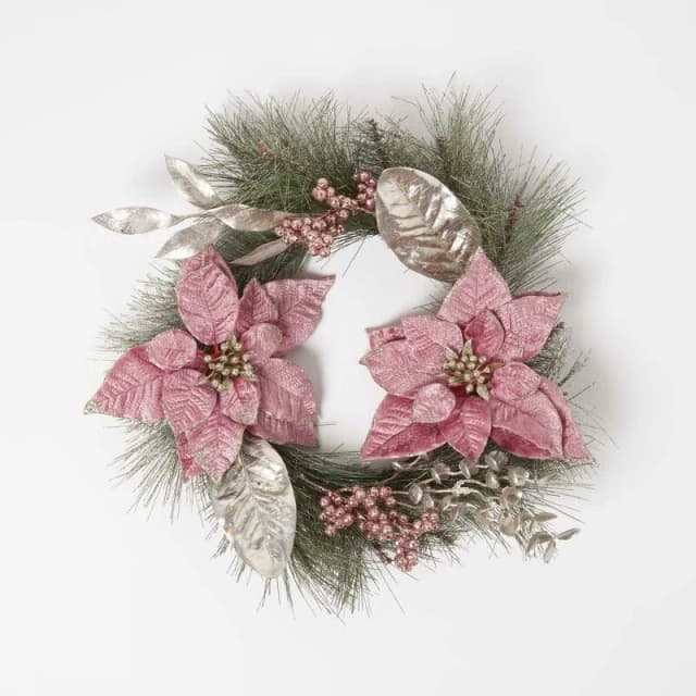 Homescapes Pink Poinsettia Christmas Wreath, 45cm Pink