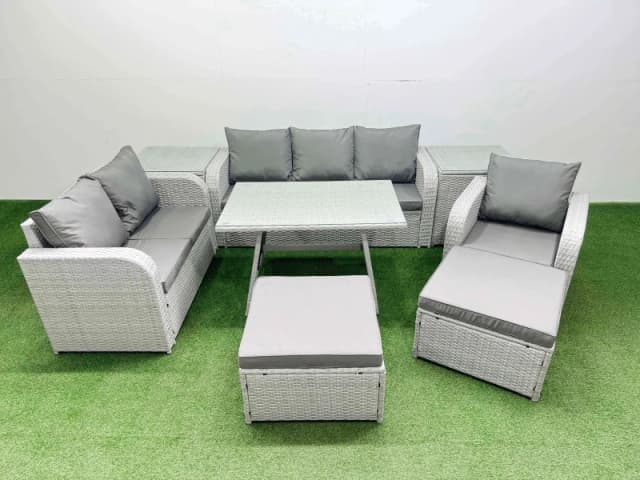 Fimous Rattan High Back Lounge Sofa Set Patio Dining Table & Chairs Set With 2 Side Tables 2 Big Stool Light Grey
