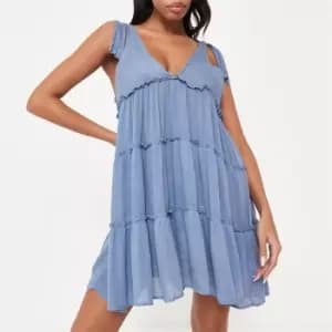 Missguided Cheesecloth Tie Shoulder Tiered Beach Cover Up Mini Dress - Blue