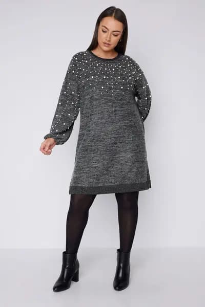 Evans Pearl Embellished Jumper Dress Charcoal