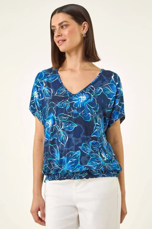 Roman Womens Floral Print V-Neck Stretch Top in Navy Size: 14 Navy Female 14