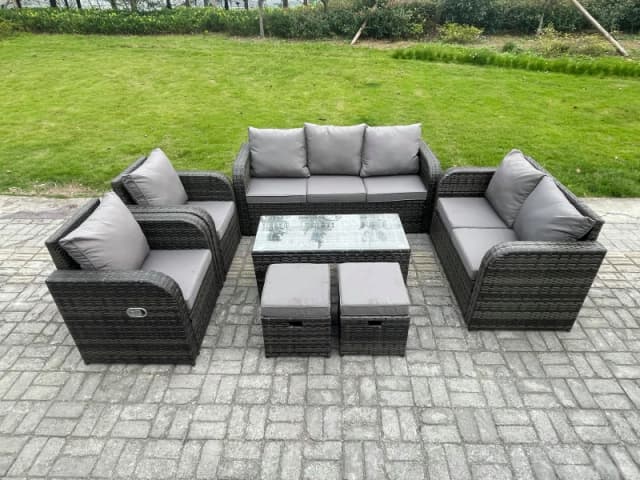 Fimous Patio Garden Furniture Sets Wicker 9 Seater Outdoor Rattan Furniture Sofa Sets with Rectangular Coffee Table Reclining Chair Love seat Sofa Dar