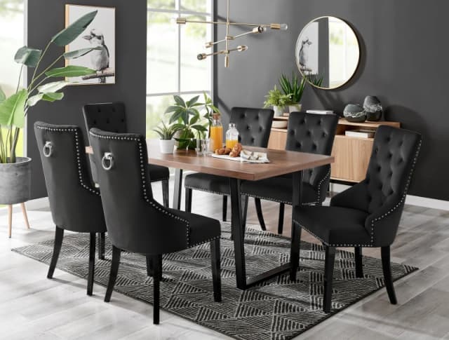 FurnitureboxUK FurnitureboxUK Kylo Large Brown Wood Effect Dining Table & 6 Belgravia Black Leg Velvet Chairs Black One Size Unisex 5056657117825