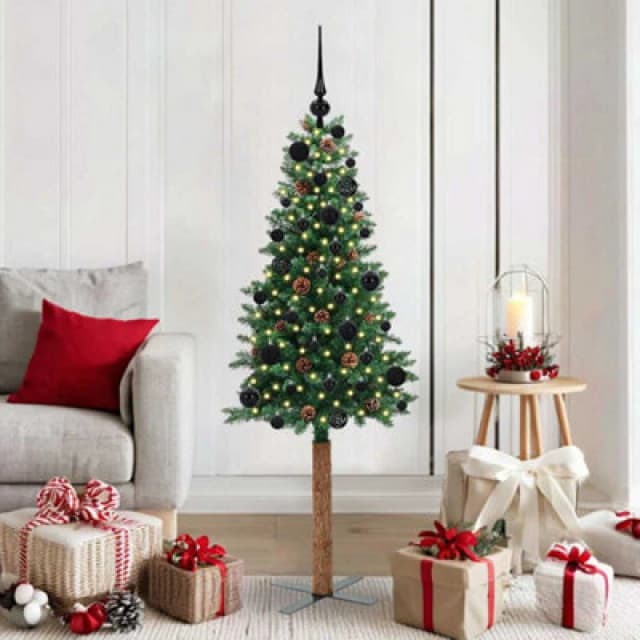 vidaXL Slim Christmas Tree with Black Balls Green 150cm PVC and Solid Pine wood, Green 3394852