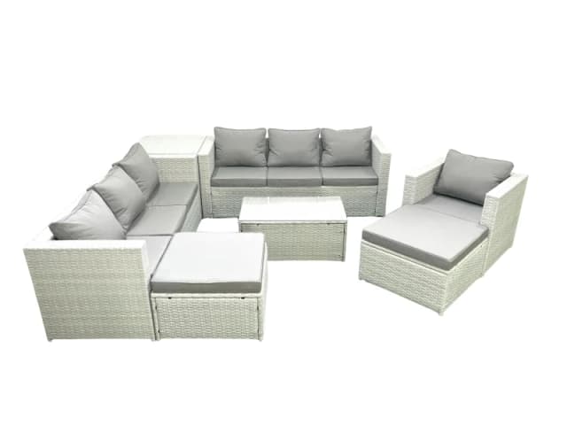 Fimous Wicker PE Rattan Sofa Garden Furniture Set with Armchair Oblong Coffee Table 2 Big Footstools Side Table Light Grey Mixed Light Grey
