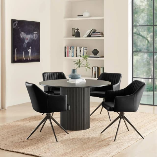 FurnitureboxUK FurnitureboxUK Penrose Black Round Dining Table & 4 Calla Faux Leather Swivel Chairs Black One Size Unisex 5056784315910