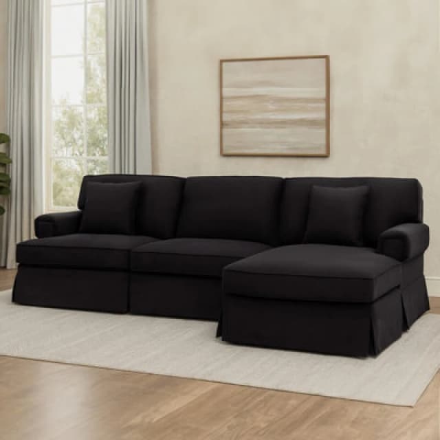 Orsina Three Seat Black Velvet Chaise Sofa, Black Velvet Upholstery With Wooden Base, Padded Key Style Arms