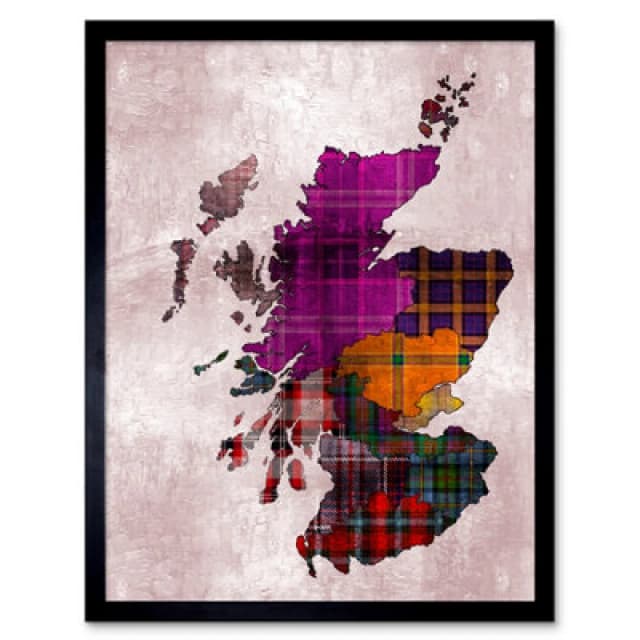 Artery8 Scotland Map Tartan Regions Scottish Clan 12X16" Framed Wall Art Print