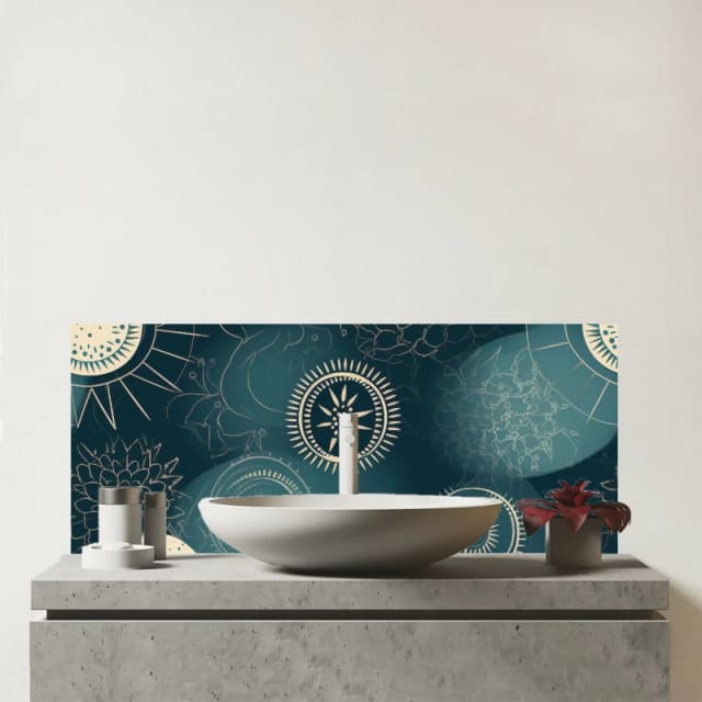 Warren Reed - Designer Blue Moon & Sun Glass Bathroom Splashback in Green Green Unisex