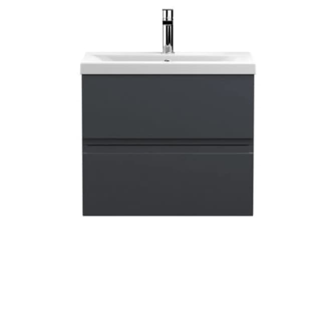 Nuie Hudson Reed Urban Wall Hung 2 Drawer Vanity Unit With Mid-Edge Ceramic Basin, Modern Bathroom Furniture In Soft Black, 600mm