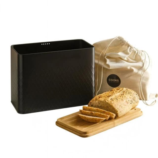 Cooks Professional Diamond Pattern Bread Bin With Linen Bag & Bamboo Cutting Board Lid - Black