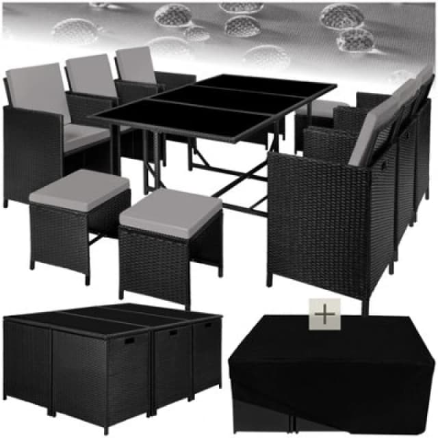 Tectake Garden Table And Chairs Malaga - 10 Seats With Cushions, Dining Table, Rain Cover - Black/grey