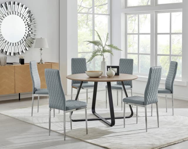 FurnitureboxUK FurnitureboxUK Santorini Brown Wood Effect Dining Table & 6 Milan Chrome Leg Chairs in Grey Grey One Size Unisex 5056657124076