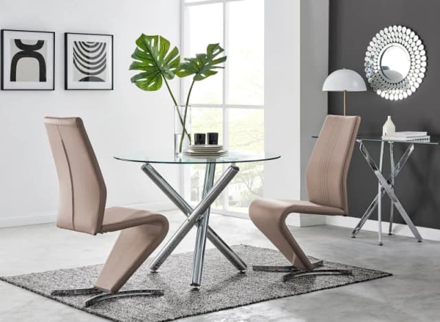 FurnitureboxUK FurnitureboxUK Selina Round Glass And Chrome Metal Dining Table And Luxury Willow Chairs Set in Beige Size: 2 Person Beige 2 Person U