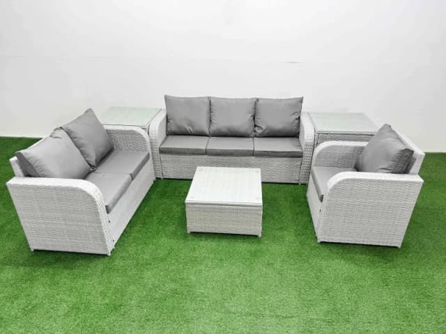 Fimous Patio PE Wicker 6 Seater Outdoor Rattan Furniture Sofa Sets with Square Coffee Table Reclining Chair Loveseat Sofa 3 Seater Sofa 2 Side Table L