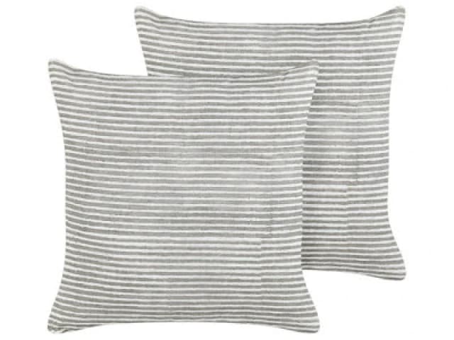Beliani Set Of 2 Decorative Cushions Kanpas Linen 50 X 50 Cm Grey Striped