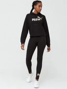 Puma Ess+ Metallic Cropped Hoodie & Legging Set - Black, Size L, Women