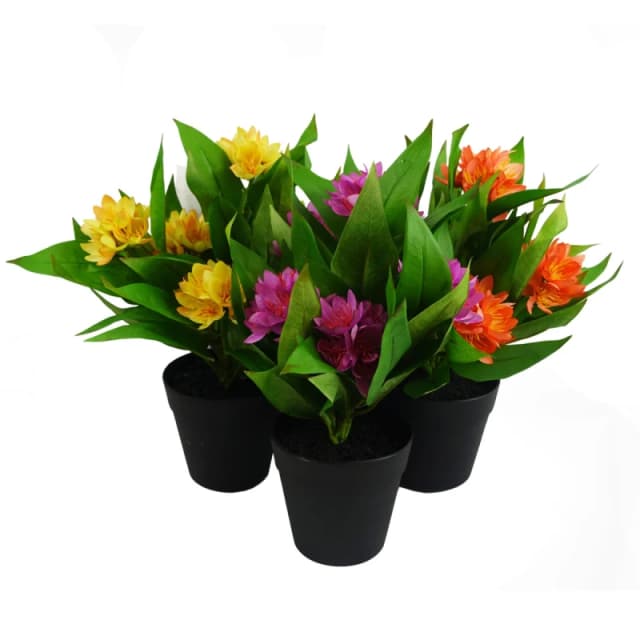 N/A 3x 18cm Artificial Freesia Plants Pink, Orange, Yellow Flowering